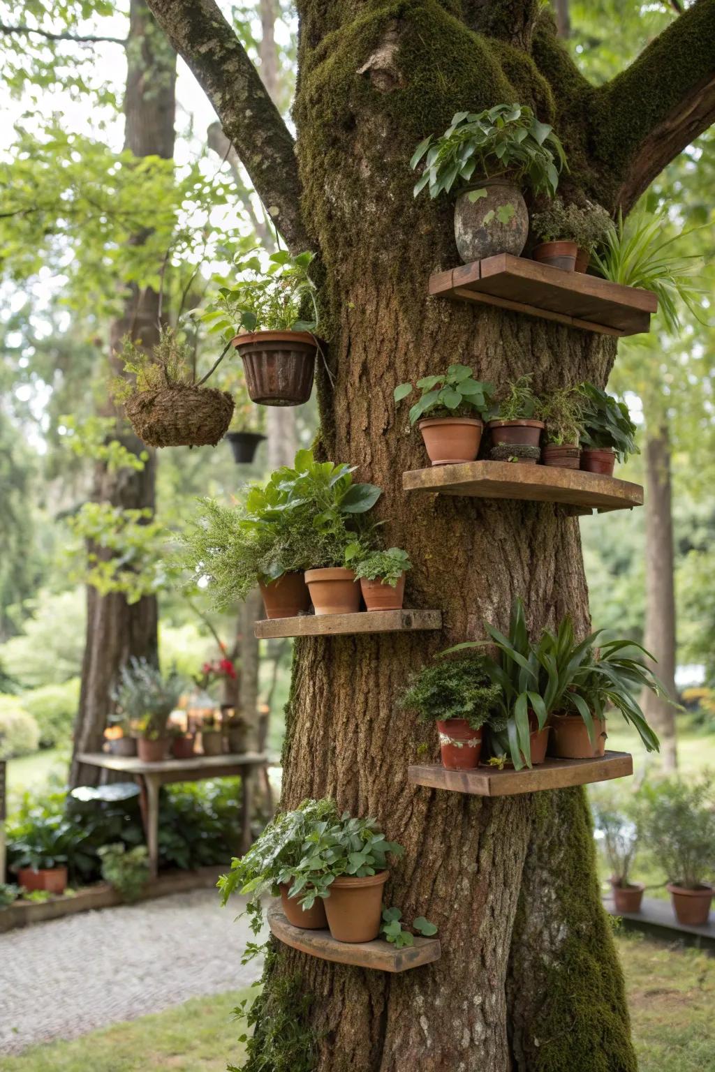A tree trunk with shelves for garden displays.