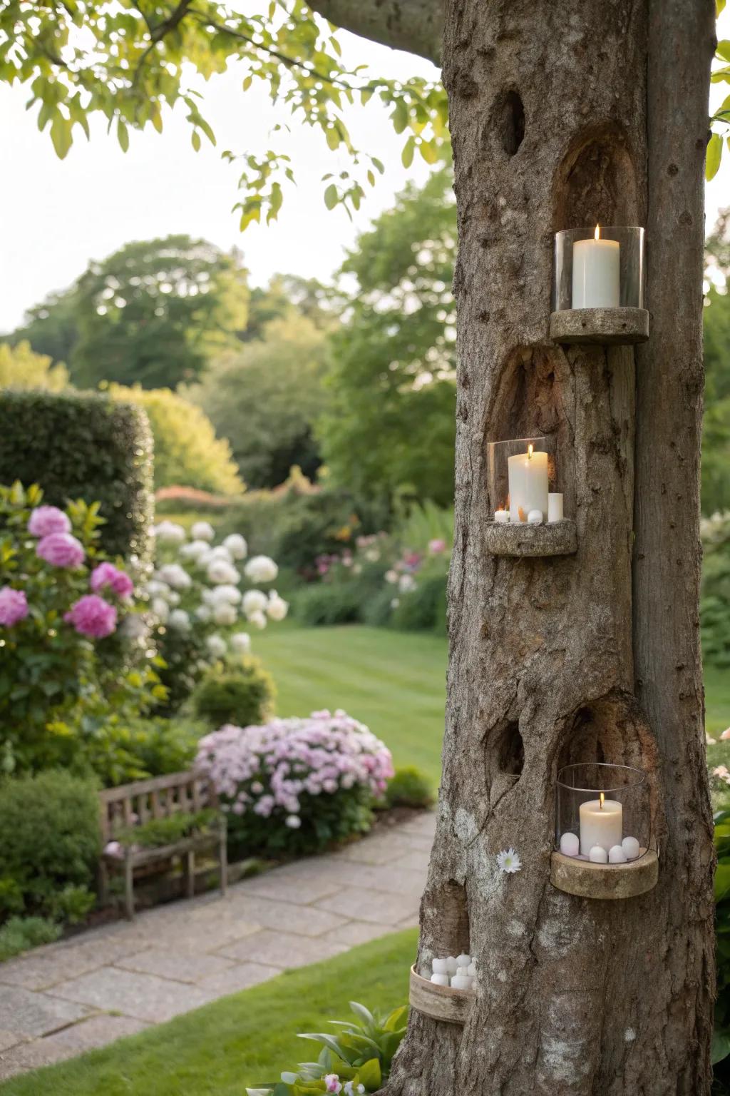 A tree trunk candle holder adding warmth to the garden.