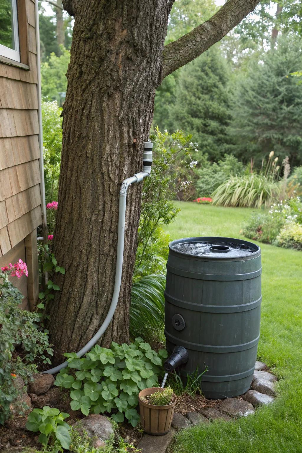 A tree trunk utilized as a rainwater collector.