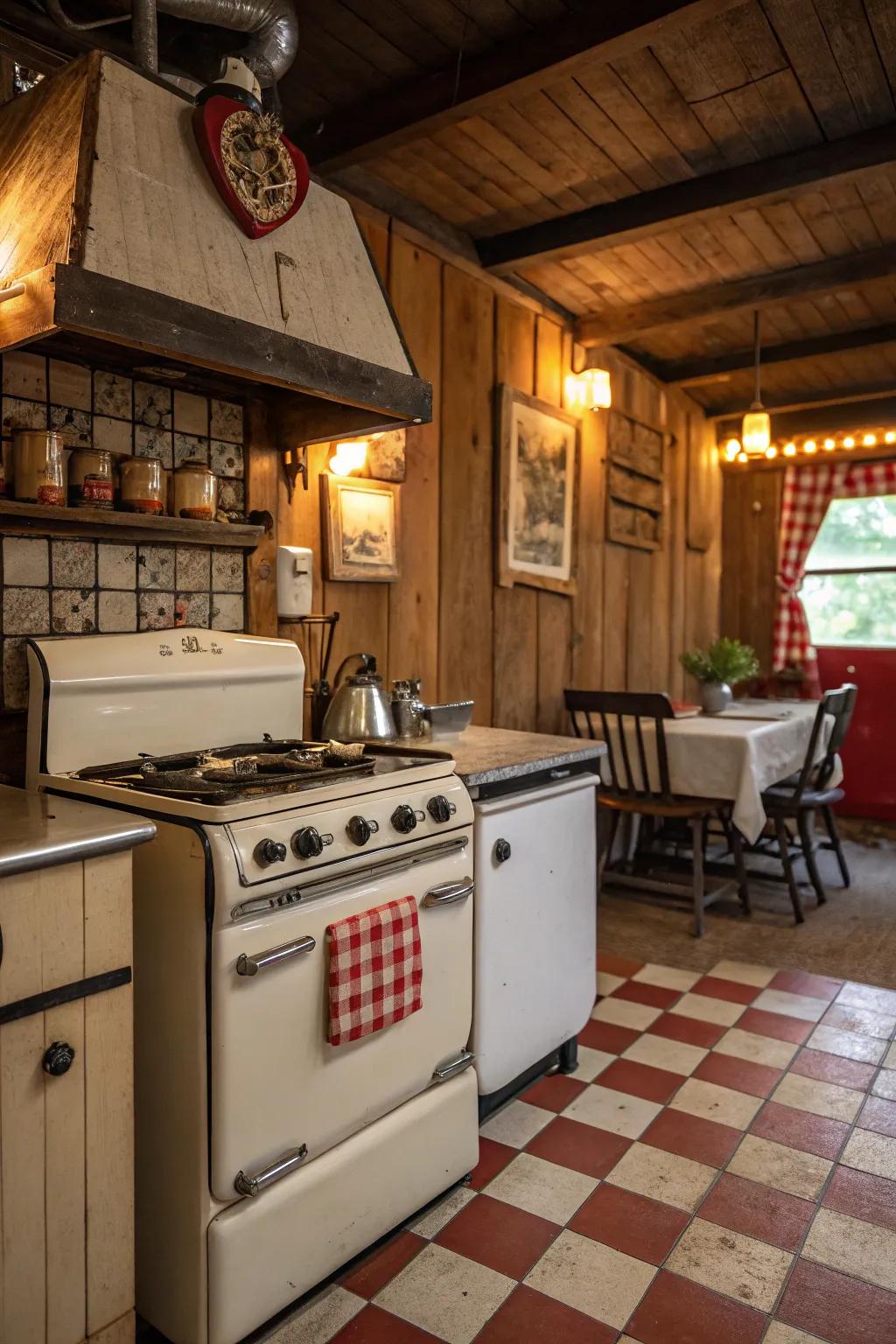 Vintage stove adds nostalgic charm to the kitchen.