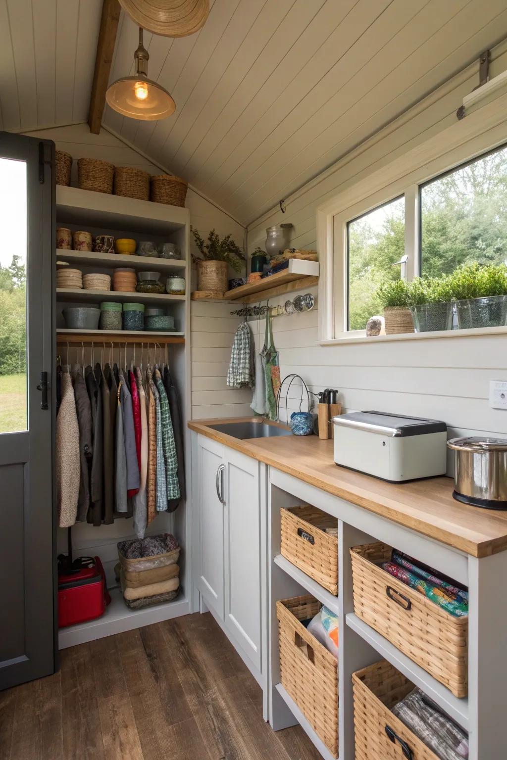 Clever shelving maximizes space in a compact kitchen.