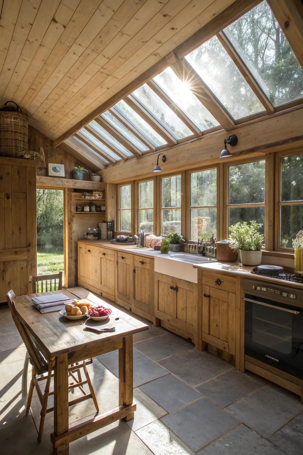Sunlight fills the kitchen through large windows.