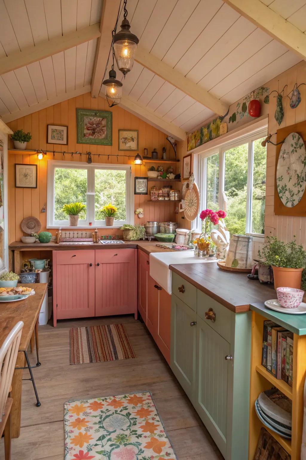 Eclectic decorations personalize the kitchen space.