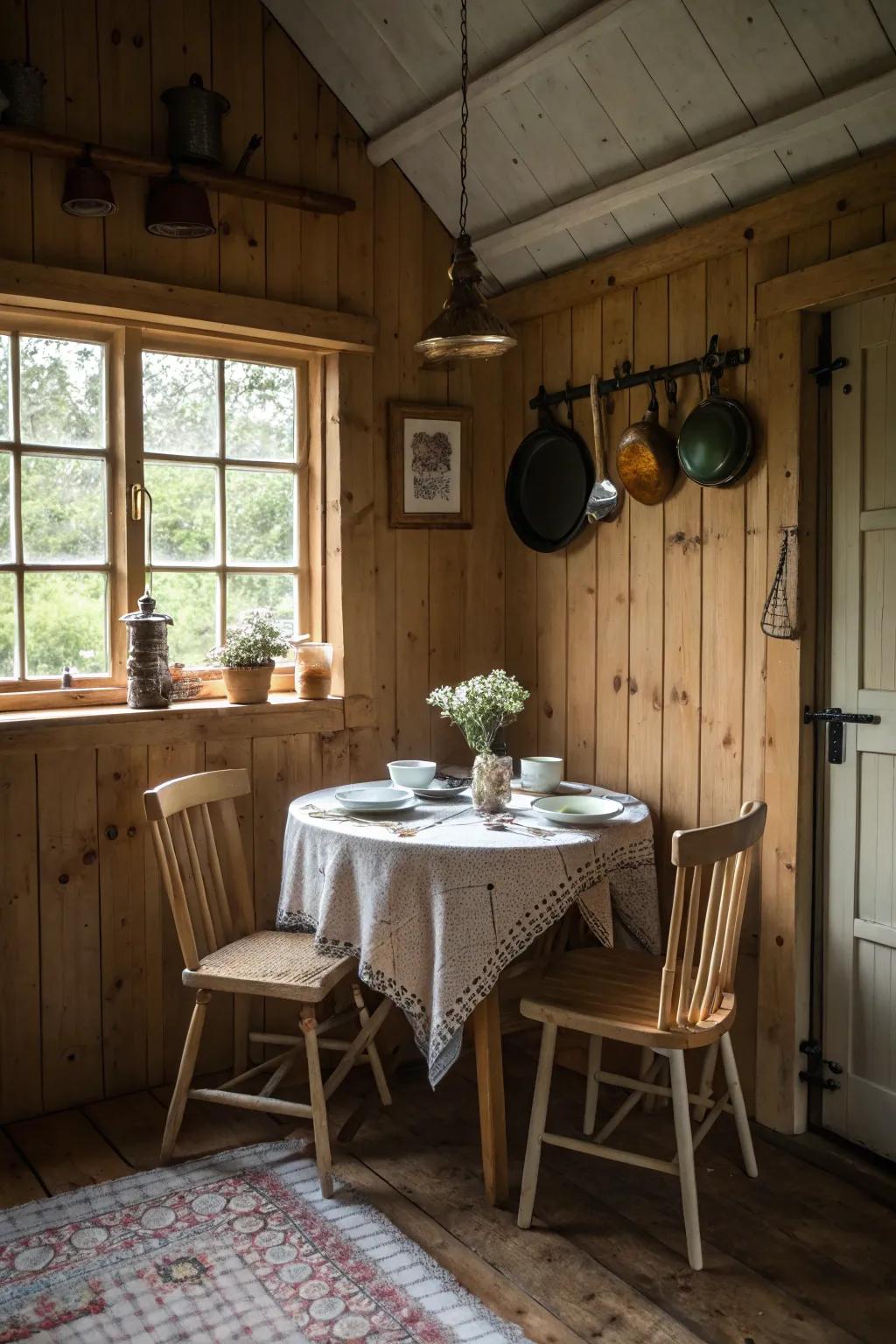 A cozy nook invites intimate meals in the kitchen.