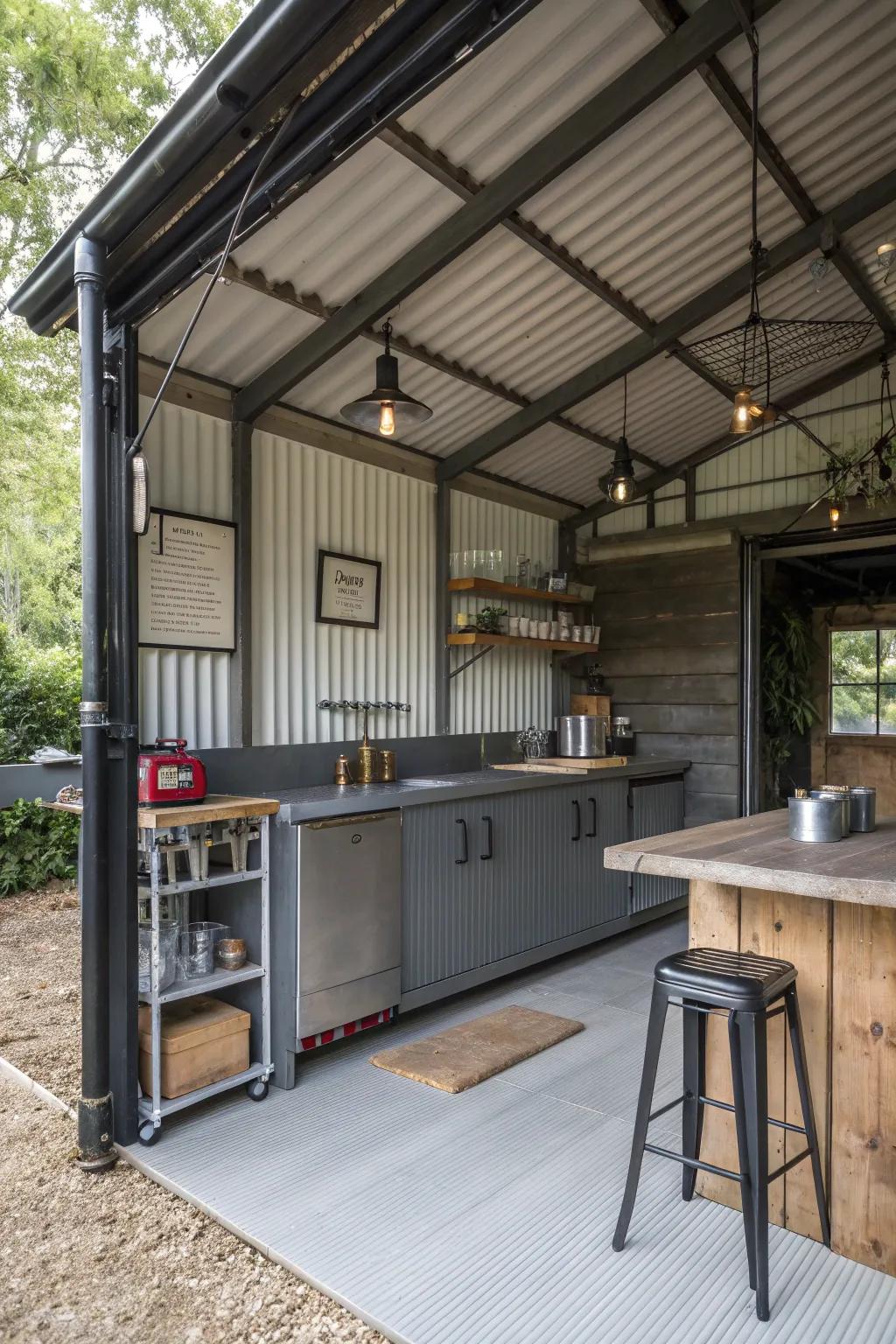 Industrial elements add a chic twist to the kitchen.