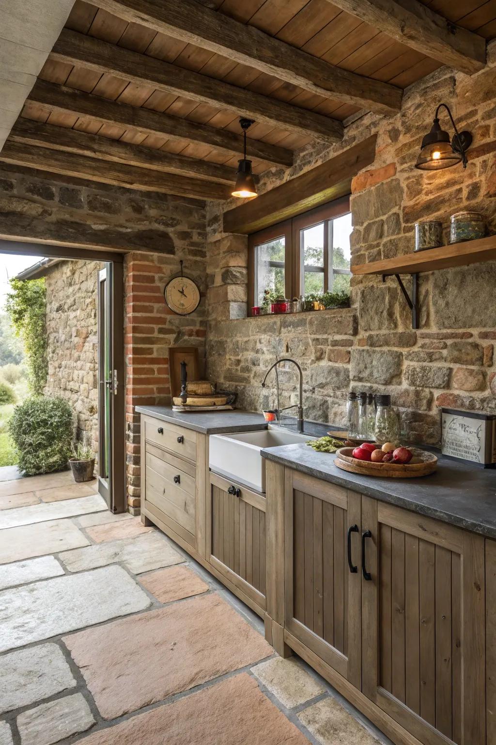 Textured surfaces add depth to the kitchen decor.