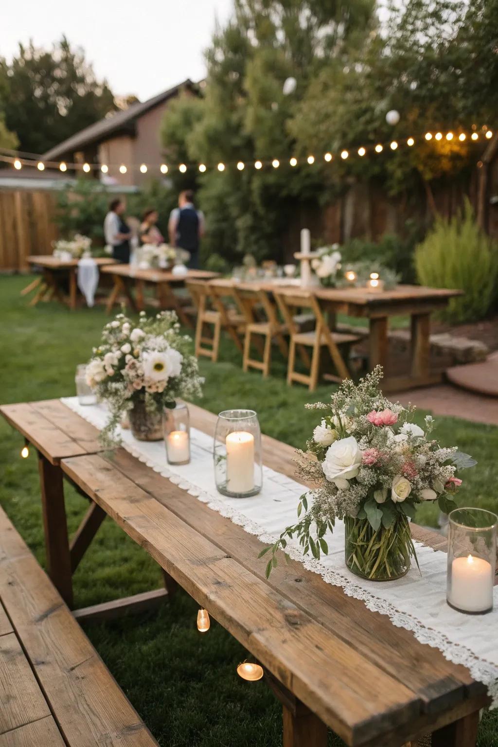 Rustic wooden tables with elegant floral centerpieces.