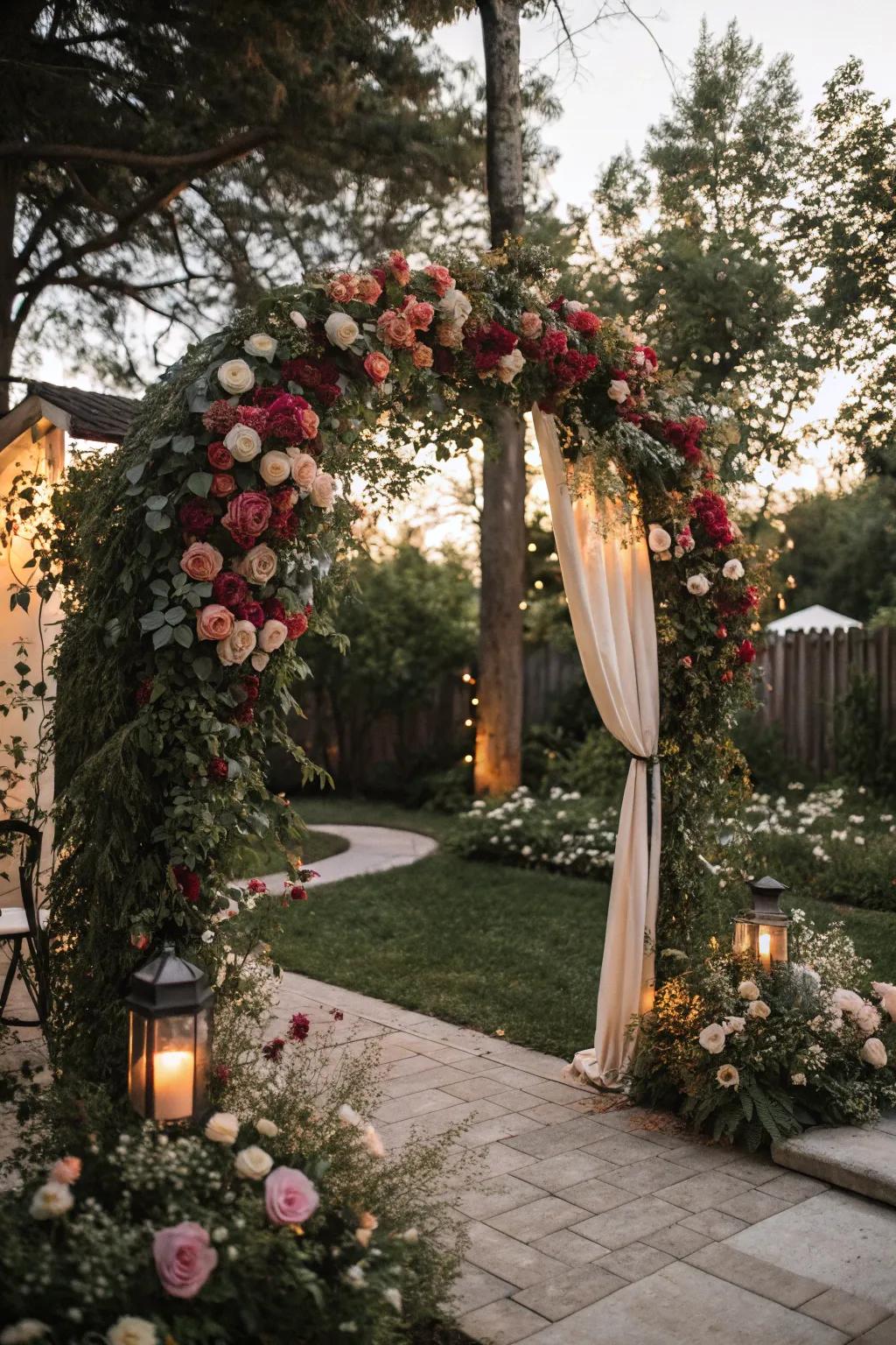 A floral arch adds elegance to the entrance.