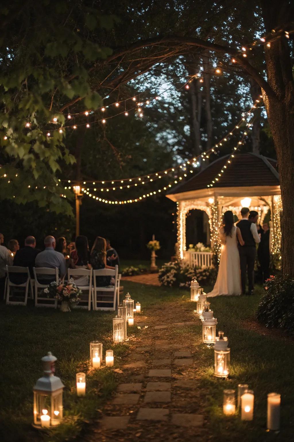 Candles and lanterns create a romantic glow.