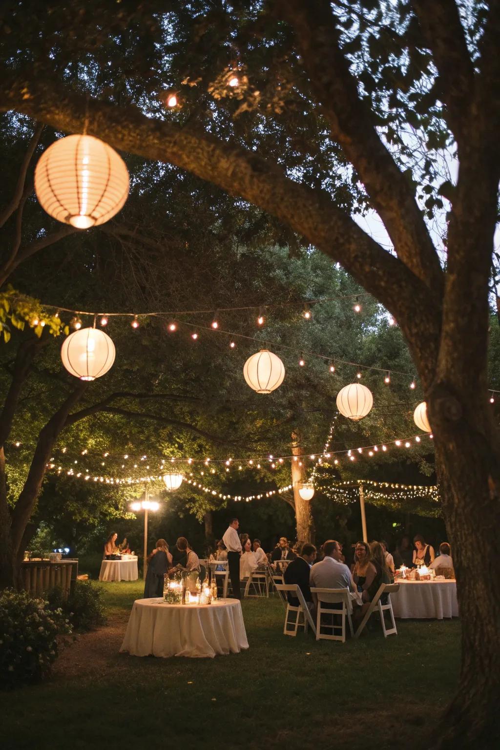 Hanging lanterns create a whimsical ambiance.