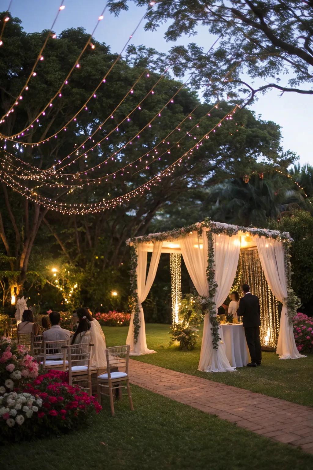 Fairy light canopies create a magical setting.