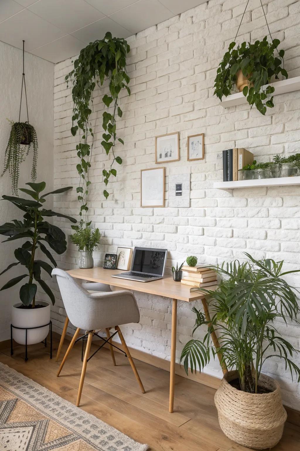 A home office with a bright whitewashed brick wall