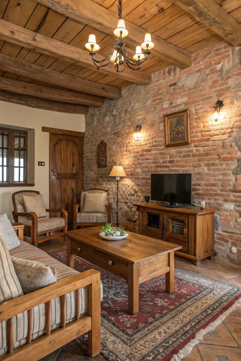A rustic living room with a distressed brick wall