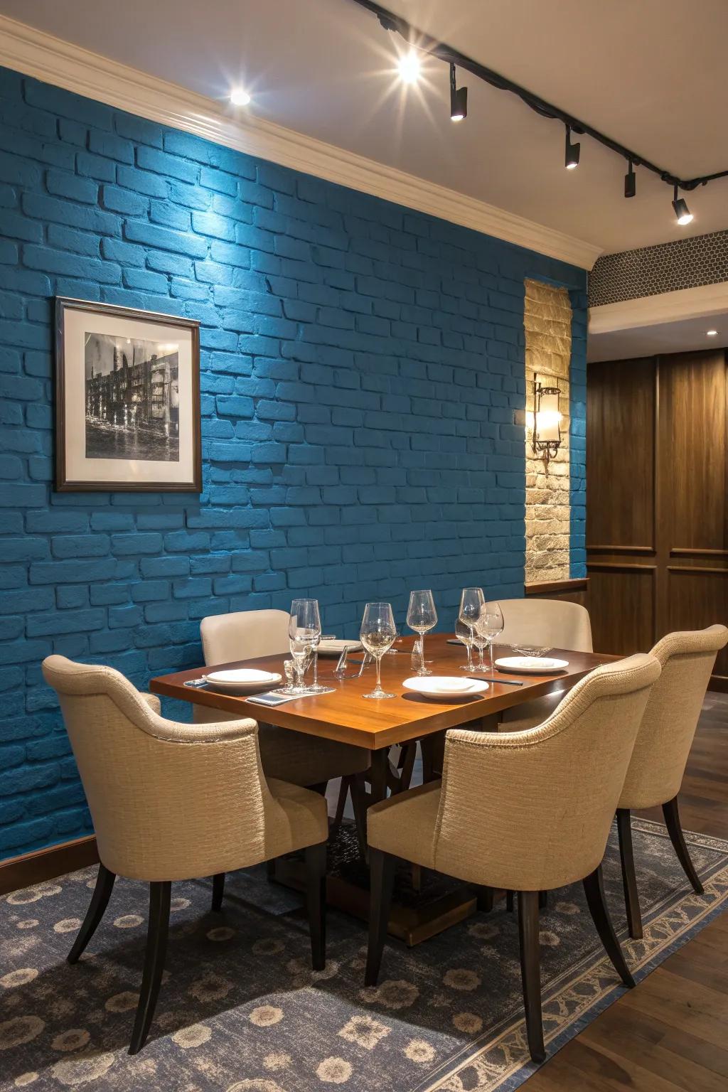 A dining room with a striking blue brick accent wall