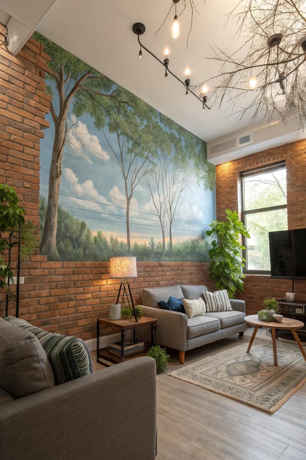 A living room with a nature mural on a brick wall
