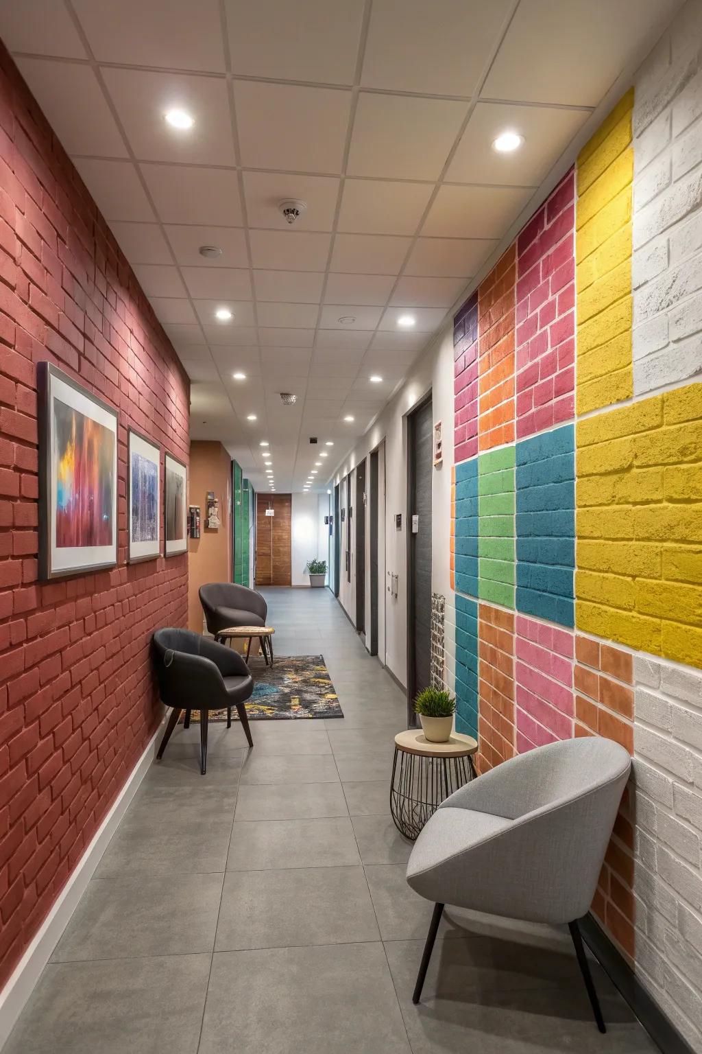 A hallway with color block pattern on a brick wall