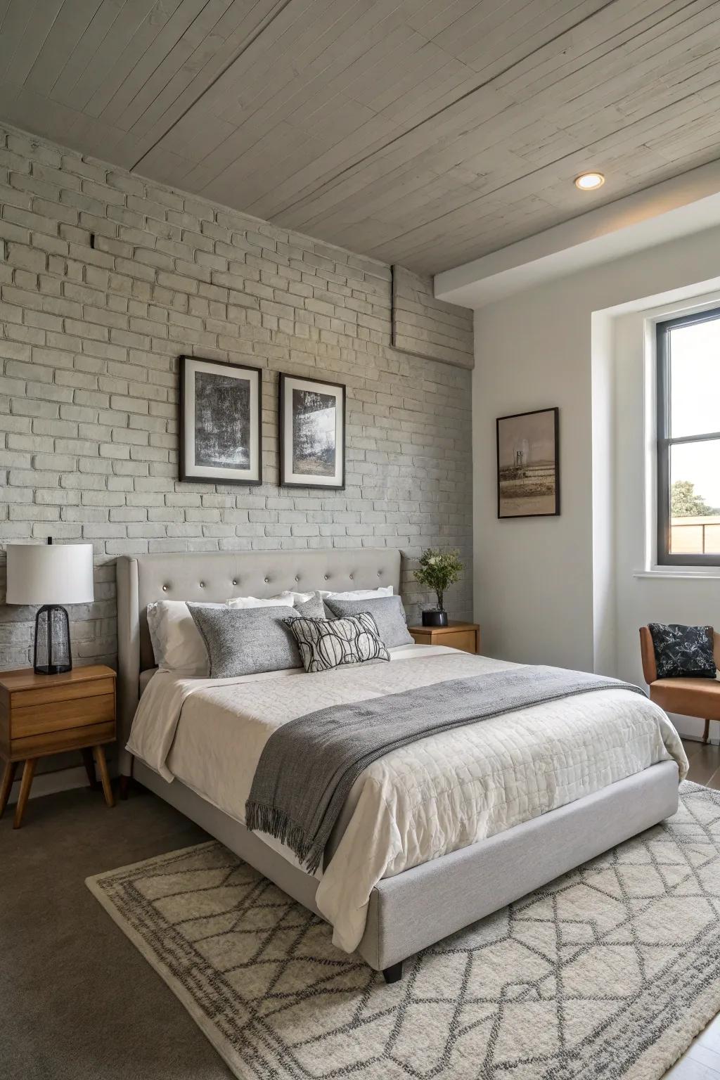 A bedroom with a subtle gray brick wall