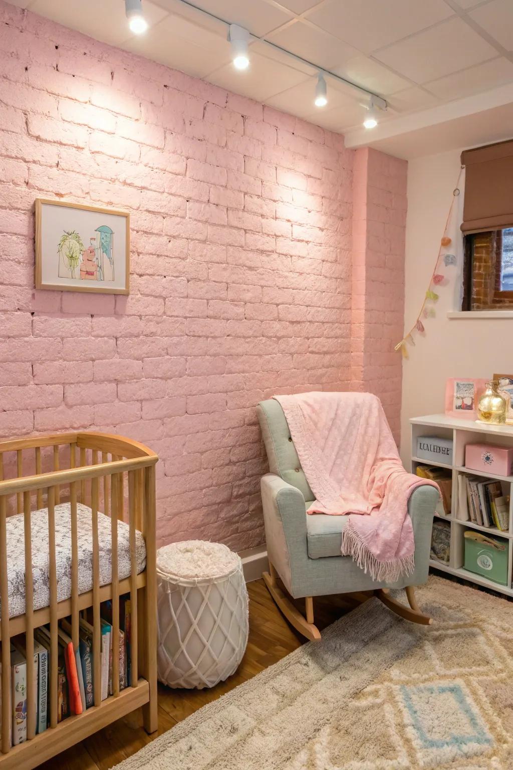 A nursery with a pastel pink brick wall