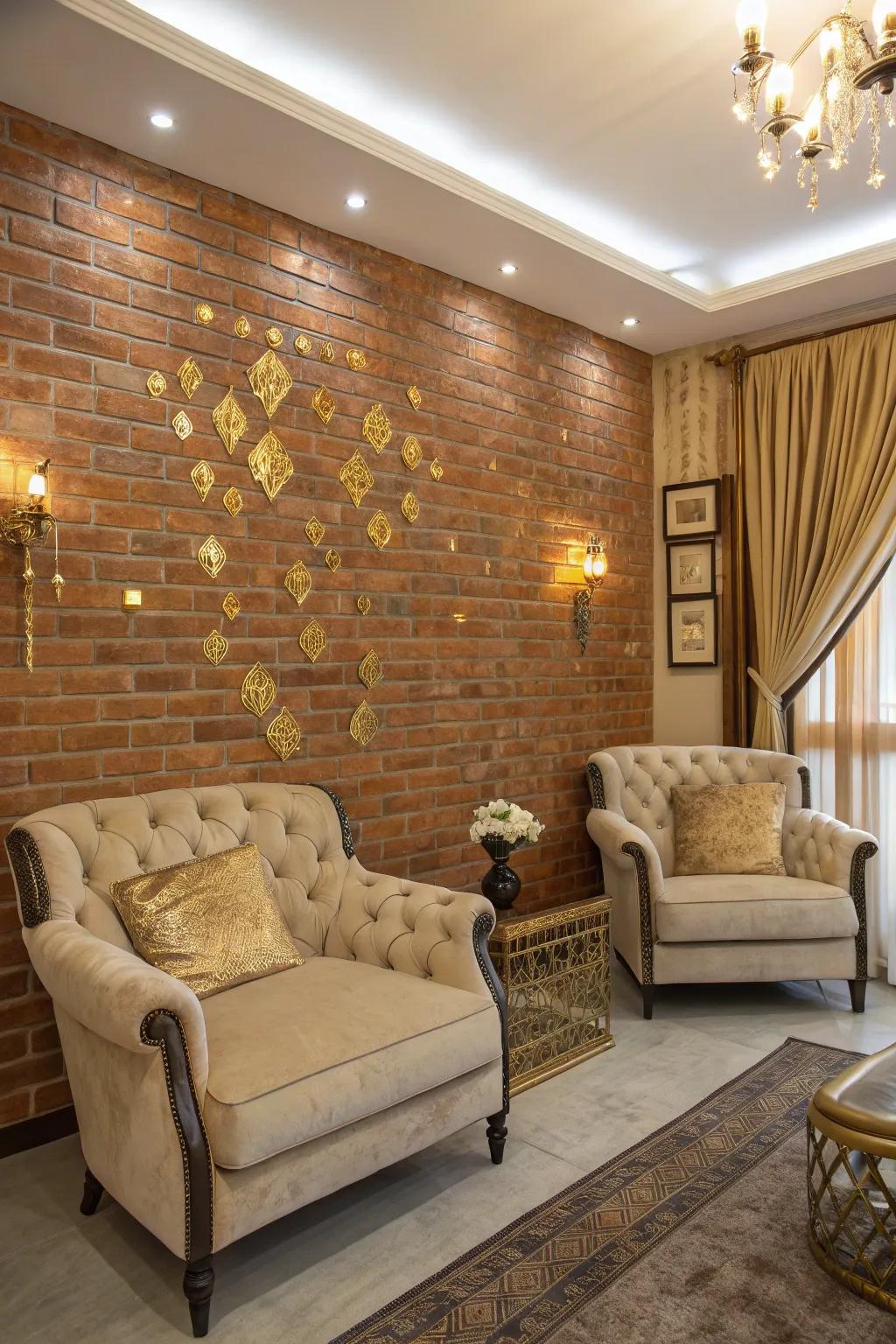 A living room with metallic accents on a brick wall