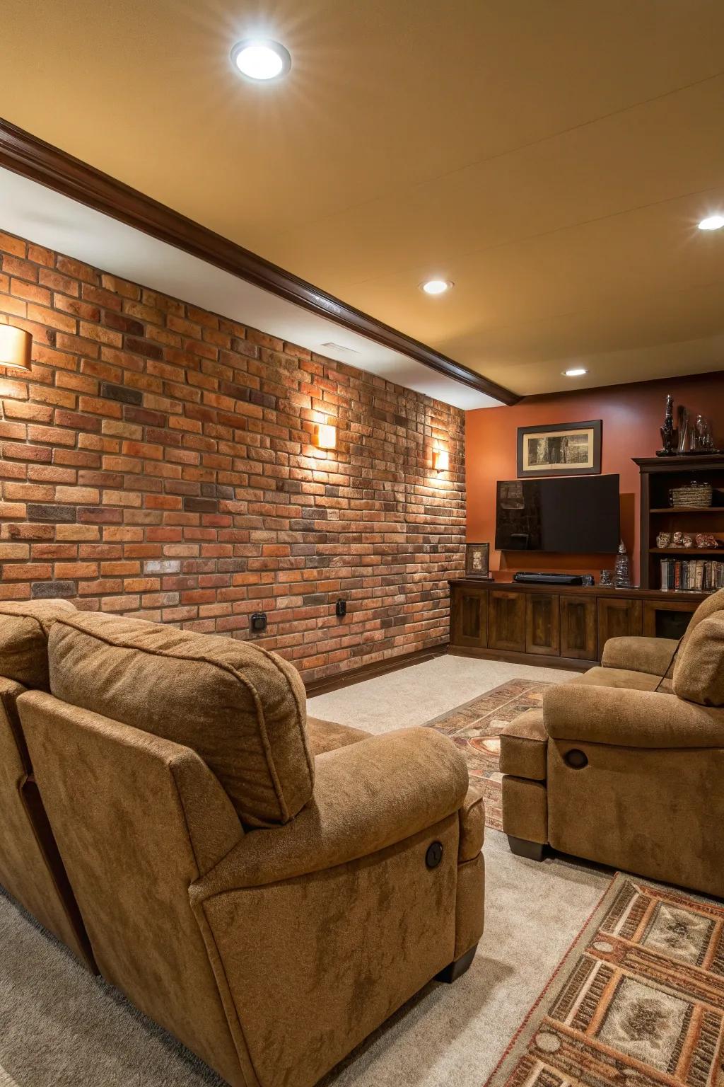 A family room with a warm earthy brick wall