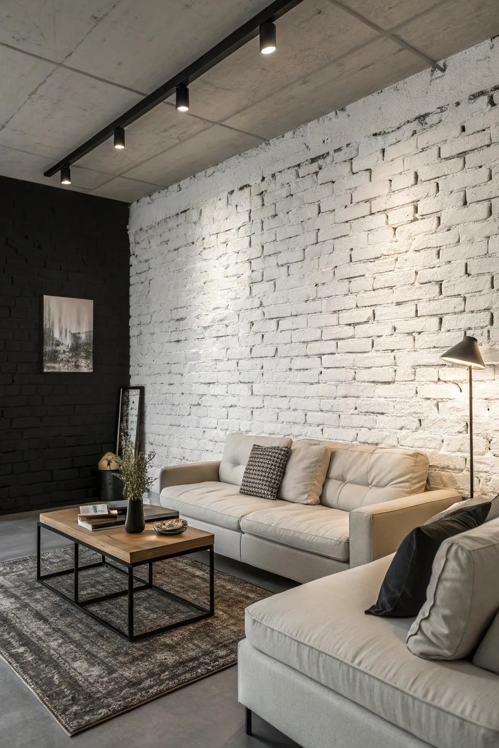 A minimalist living room with a monochrome brick wall