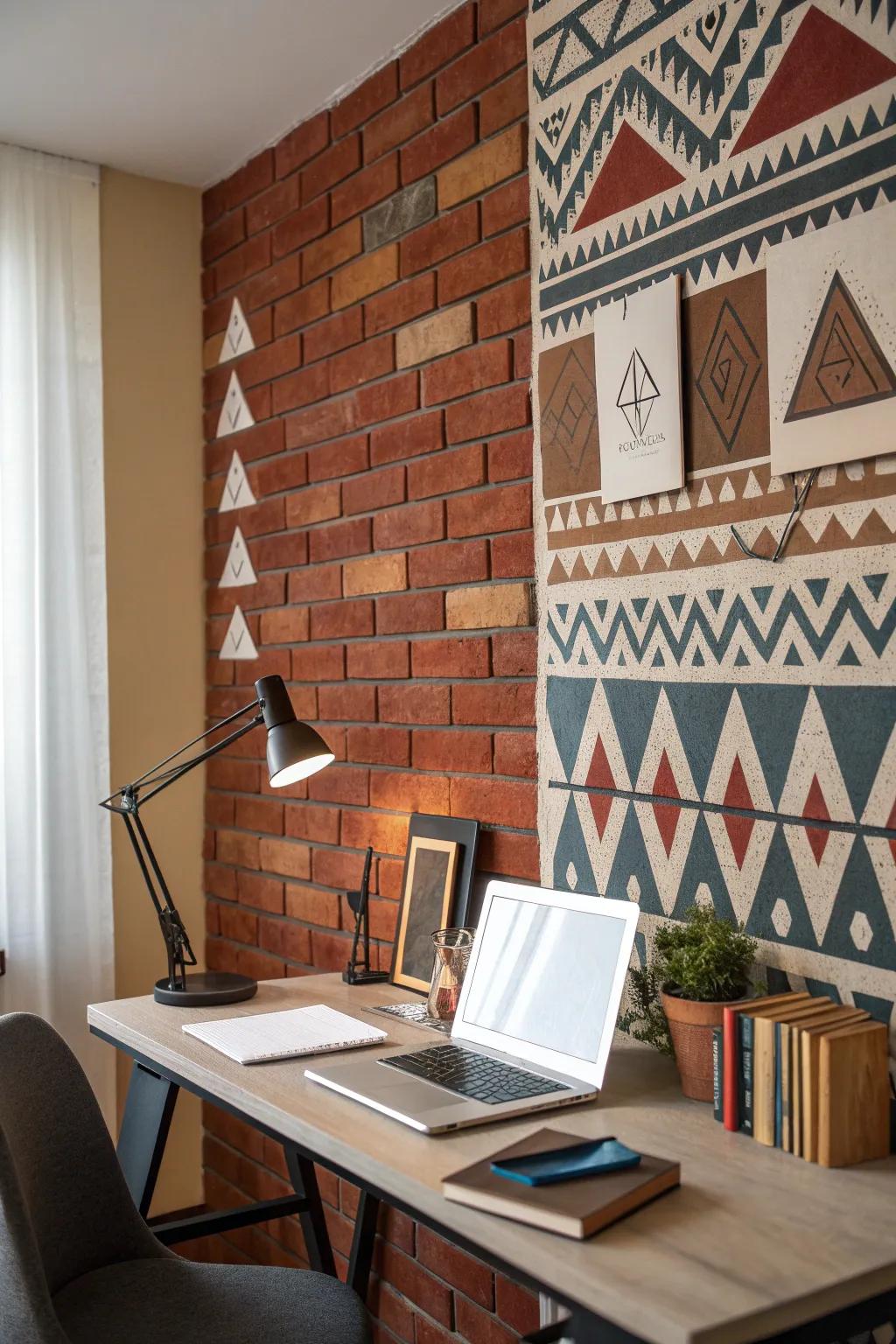A home office with a geometric pattern on a brick wall