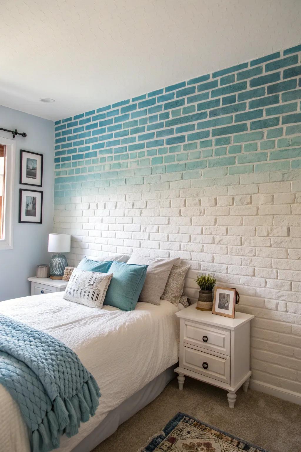 A bedroom with an ombre effect on a brick wall