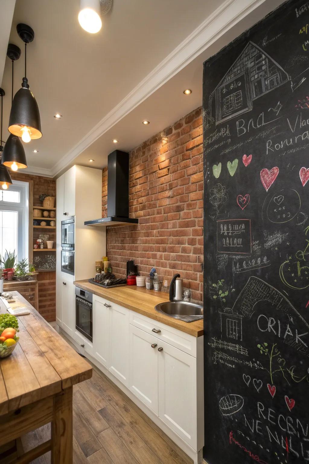 A kitchen with a chalkboard brick wall
