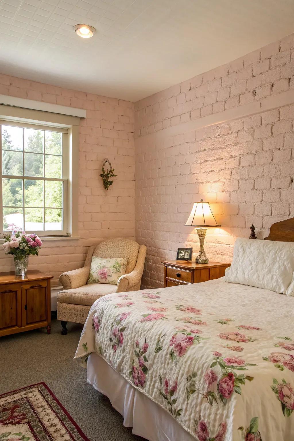 A guest room with a vintage pastel brick wall
