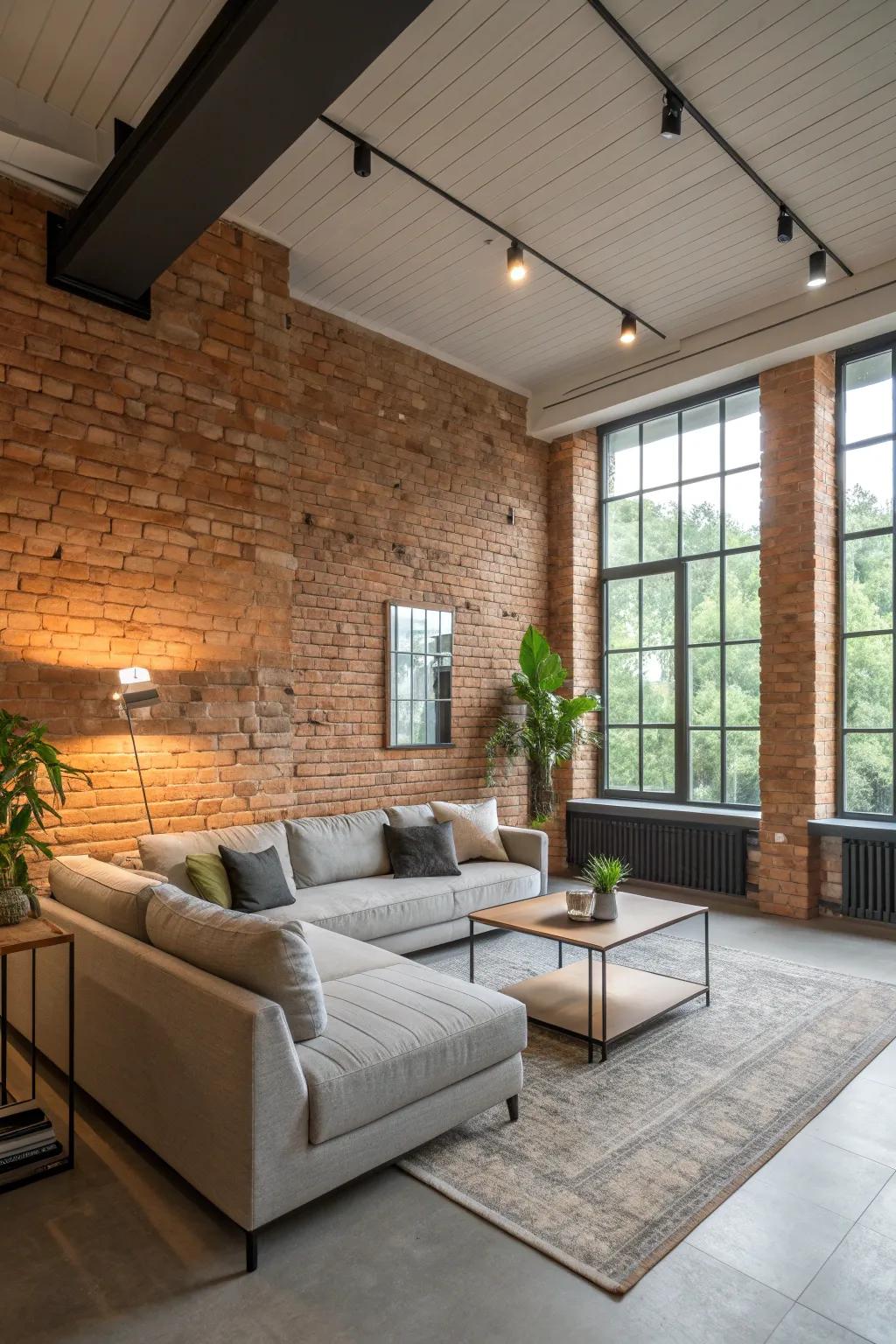 An open-plan area with a two-tone brick wall