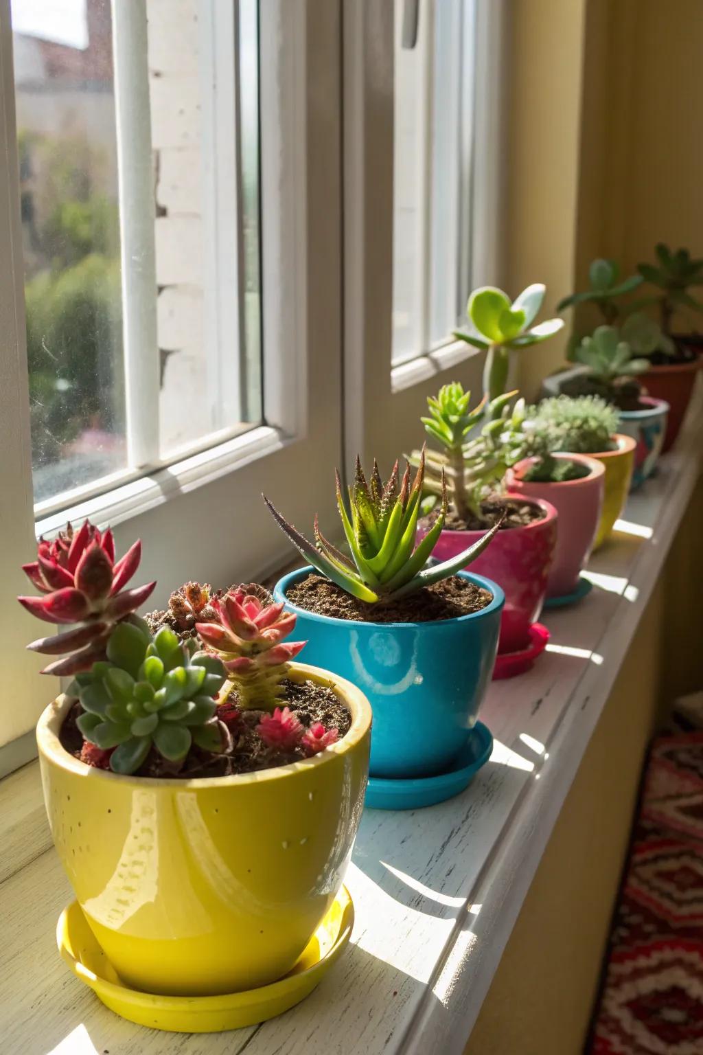 Colorful pots bring out the best in succulent arrangements.