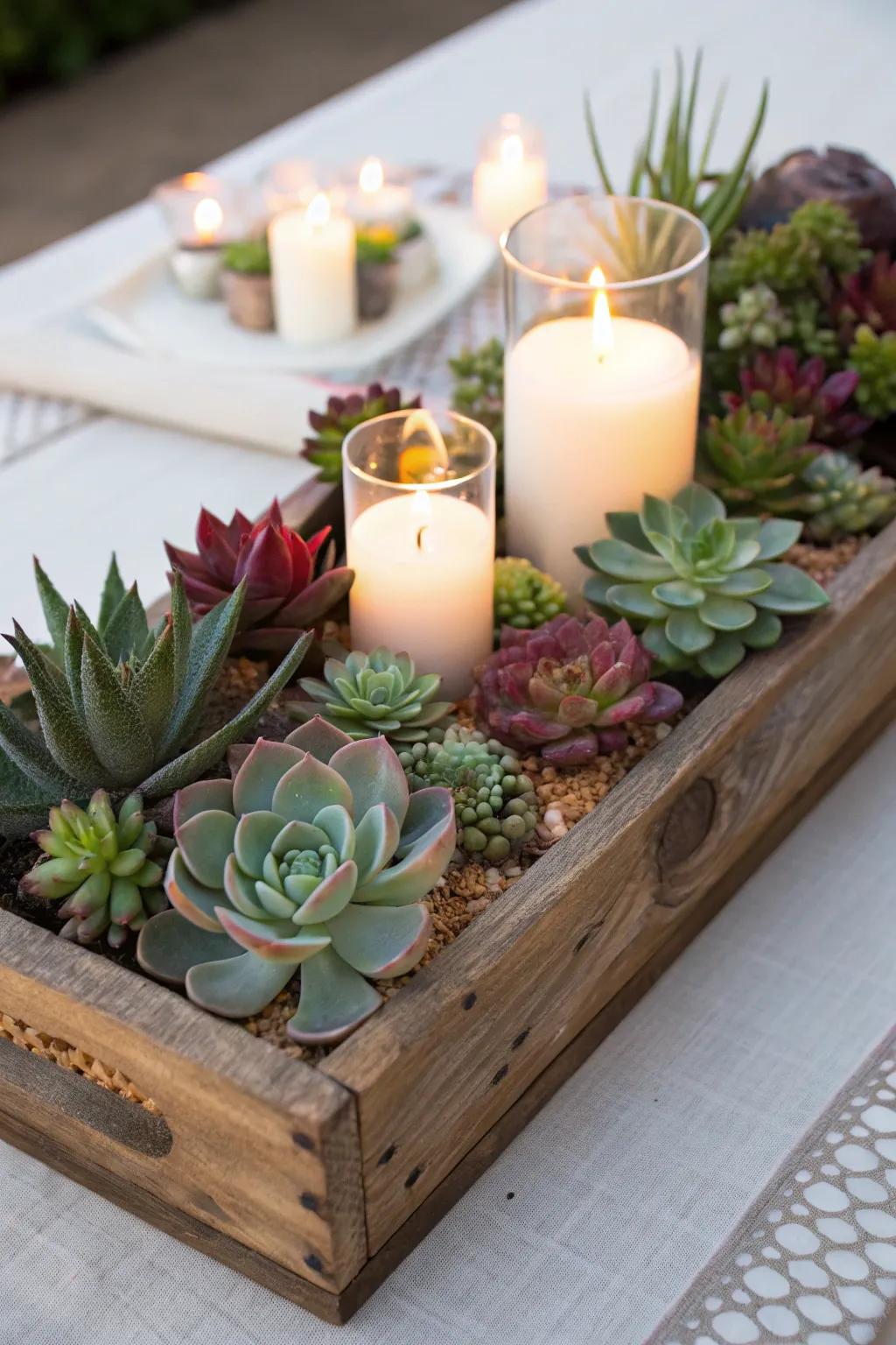 Candles and succulents create a cozy atmosphere.
