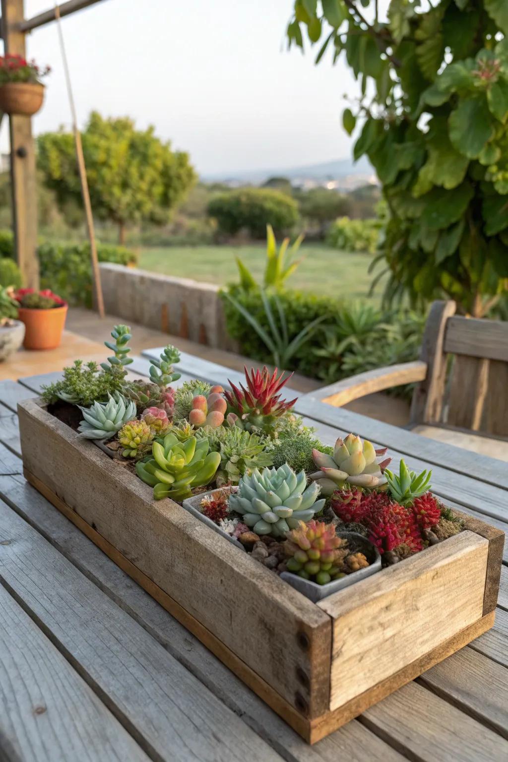 Wooden boxes create rustic and dynamic displays.