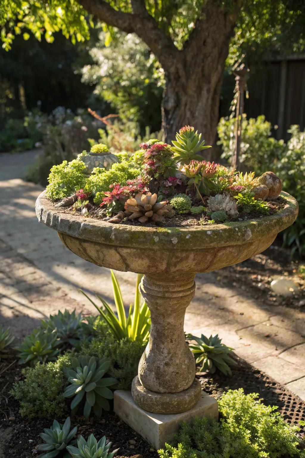 Birdbaths make unique and charming succulent planters.
