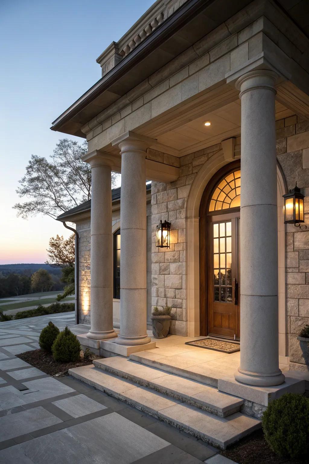 Majestic stone columns create a grand entrance.