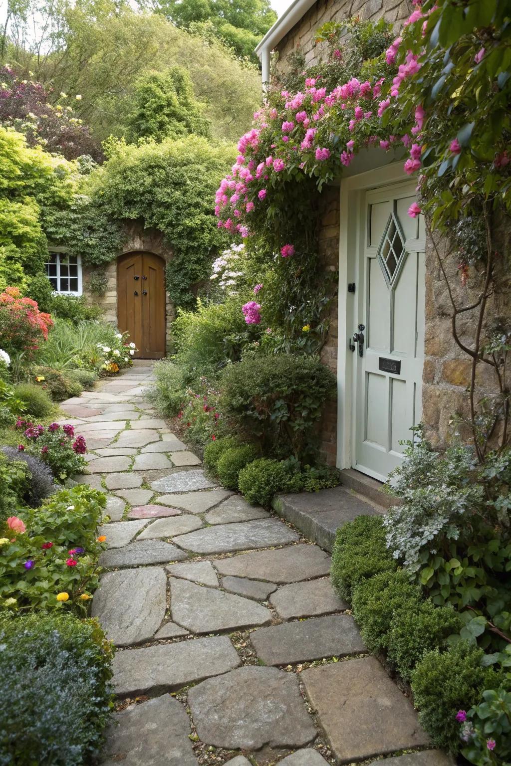 Create a welcoming journey with a charming stone pathway.