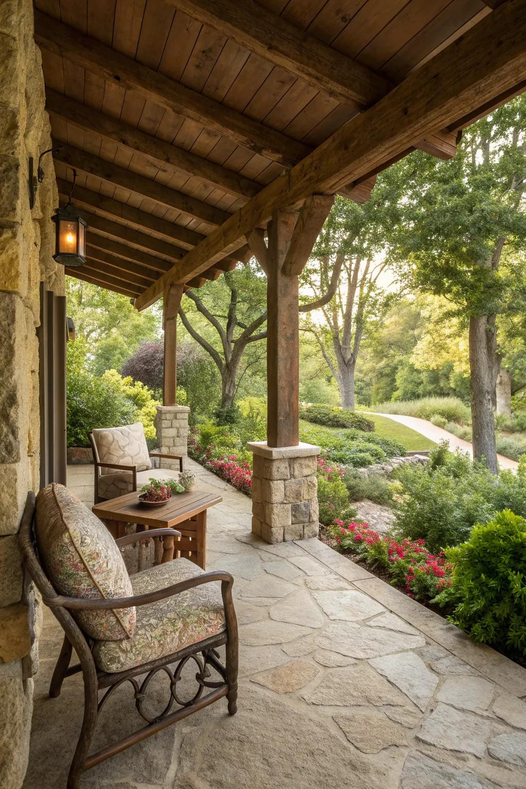 Embrace rustic charm with a stone porch.