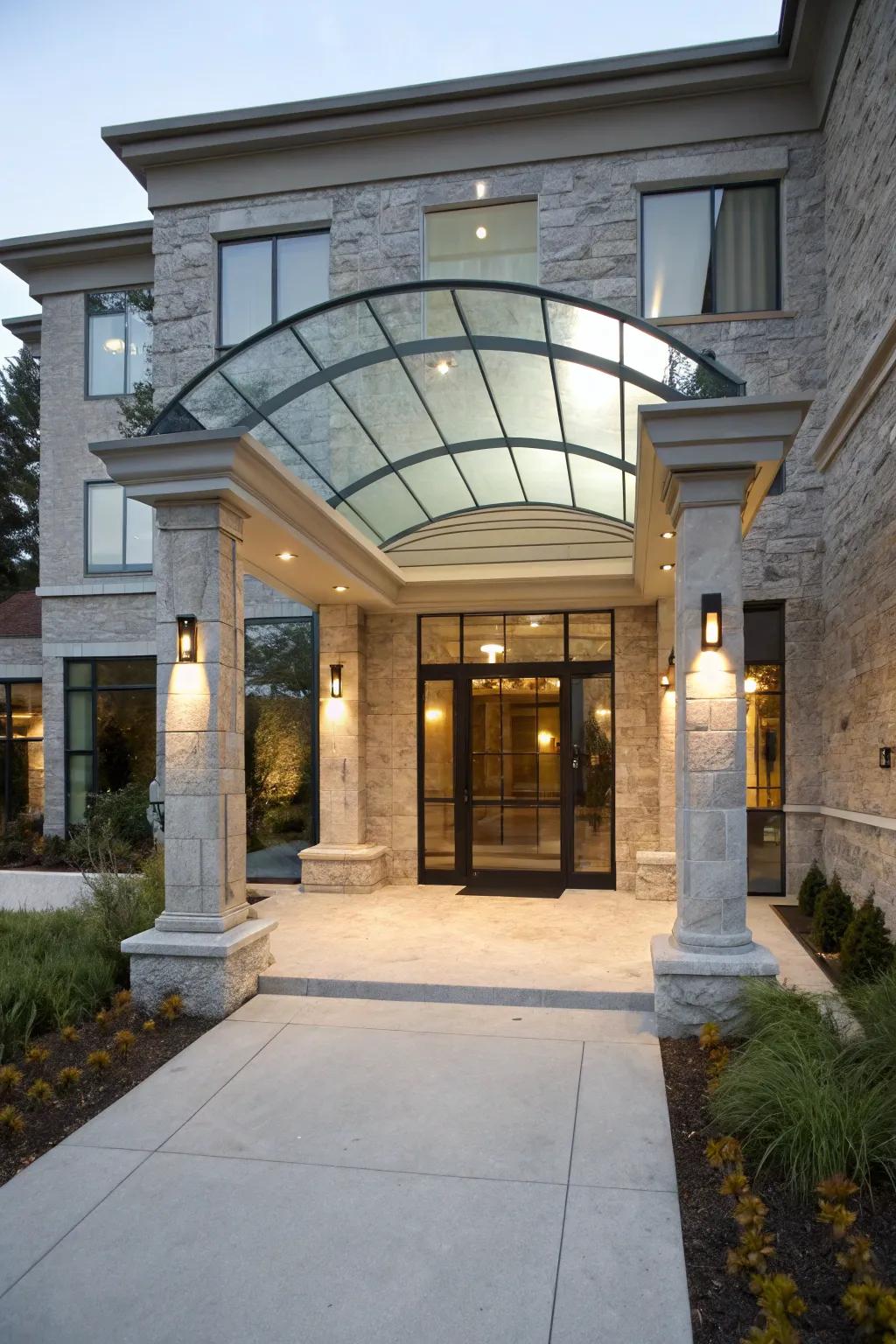 Achieve modern harmony with stone and glass.