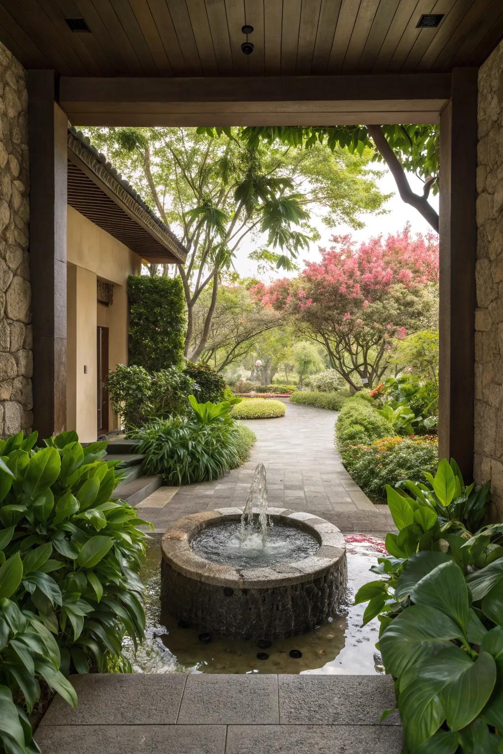 Enhance tranquility with a natural stone water feature.