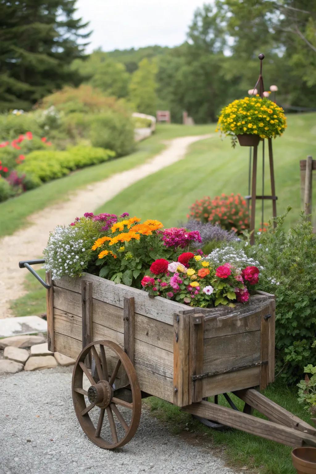 A vintage flower cart crafted from barn wood, brimming with colorful blooms.