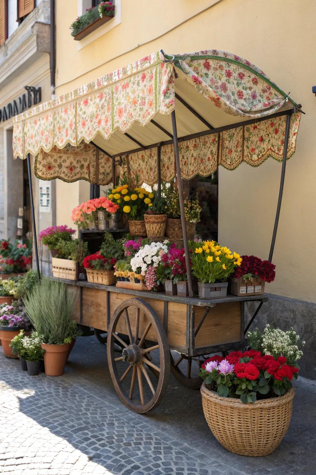 A flower cart elegantly adorned with a protective canopy.