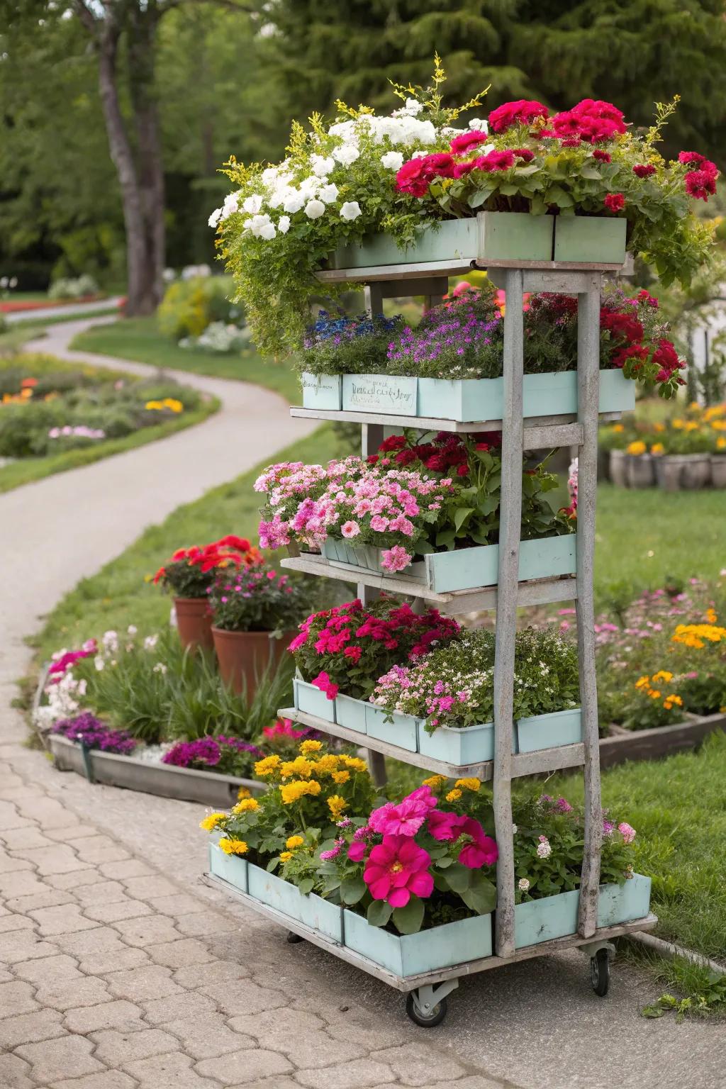A tiered flower cart showcasing a diverse array of flowers.