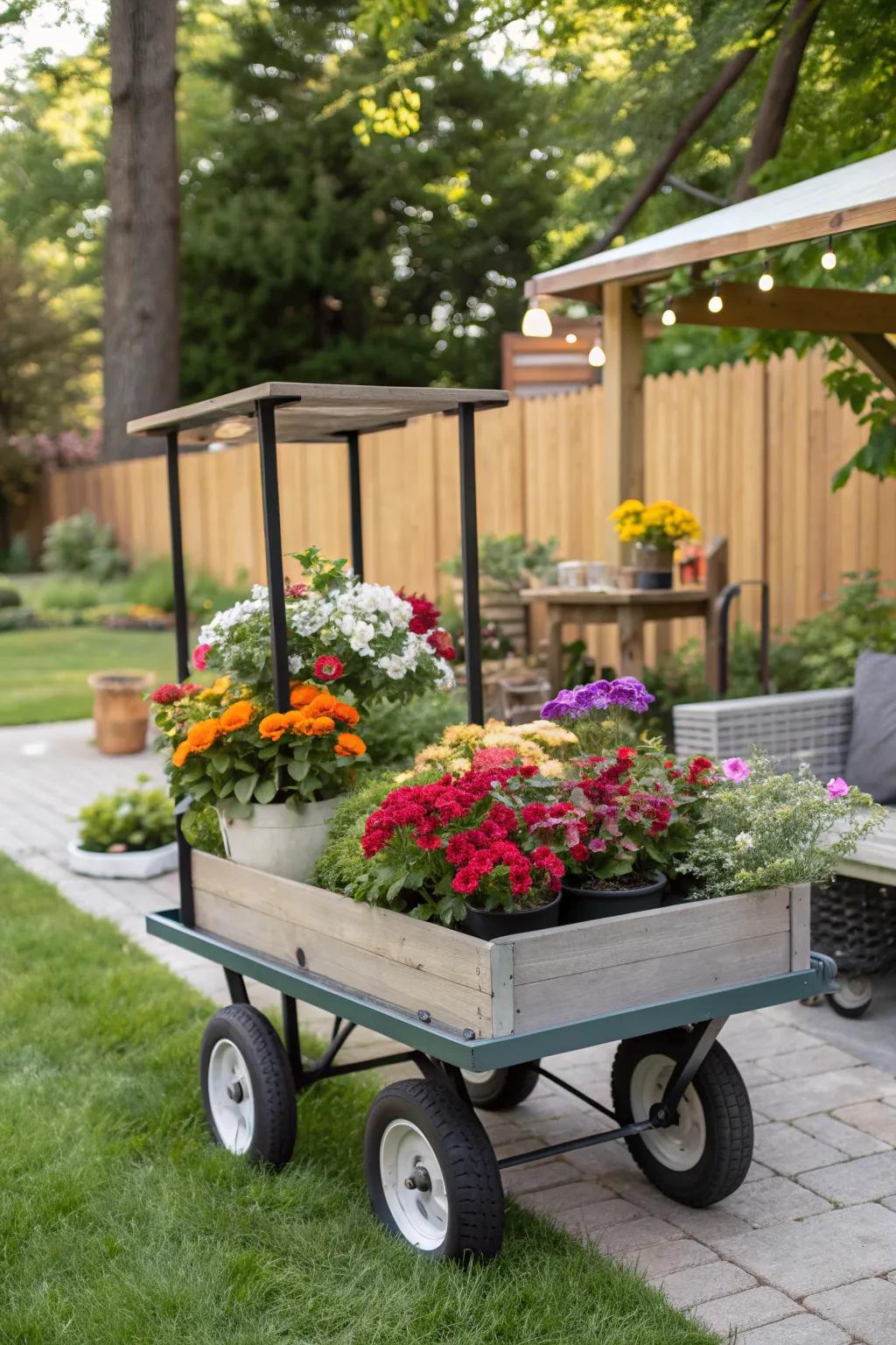 A versatile flower cart on wheels, ready to roll into any setting.