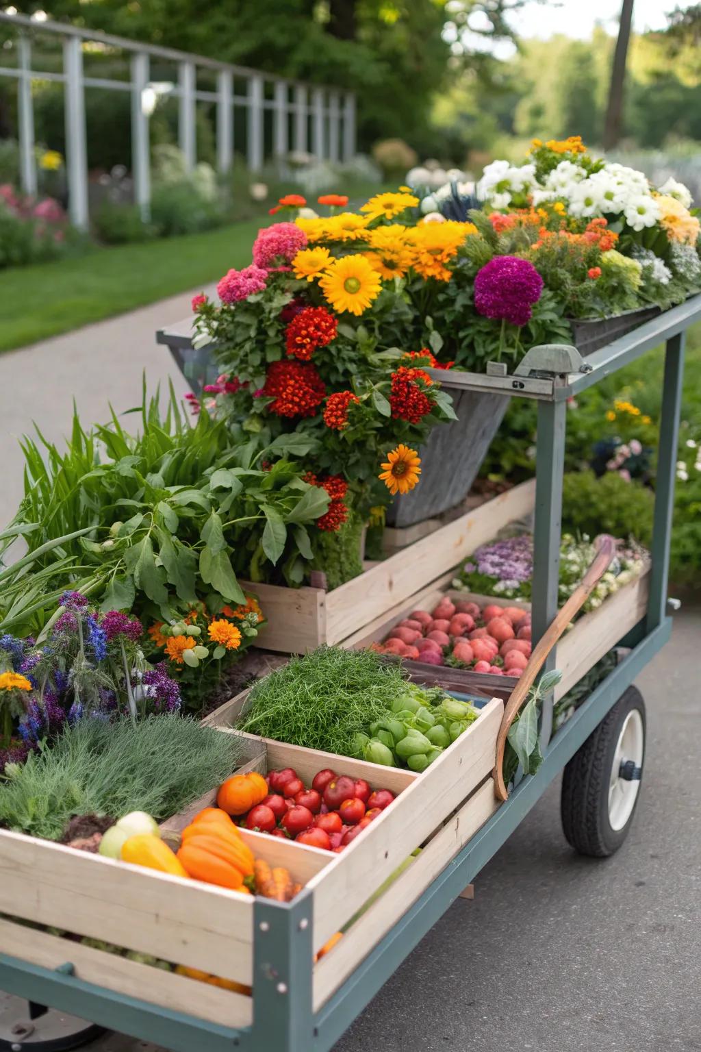 A flower cart blending florals with edible plants for a delightful surprise.