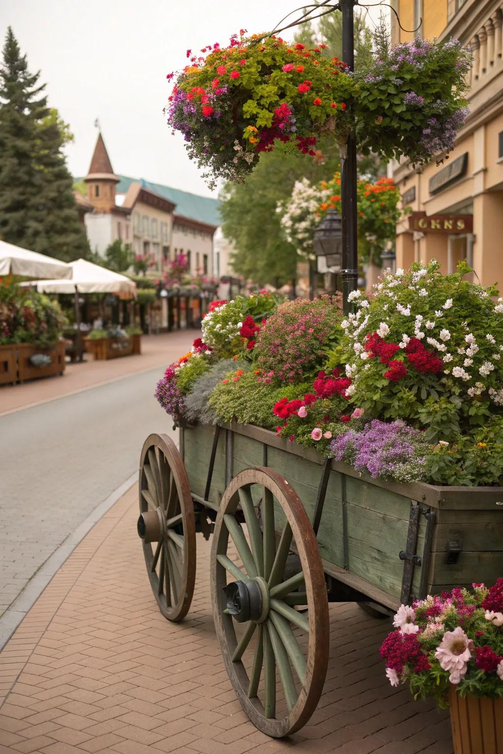 A flower cart featuring striking antique wheels as a focal point.