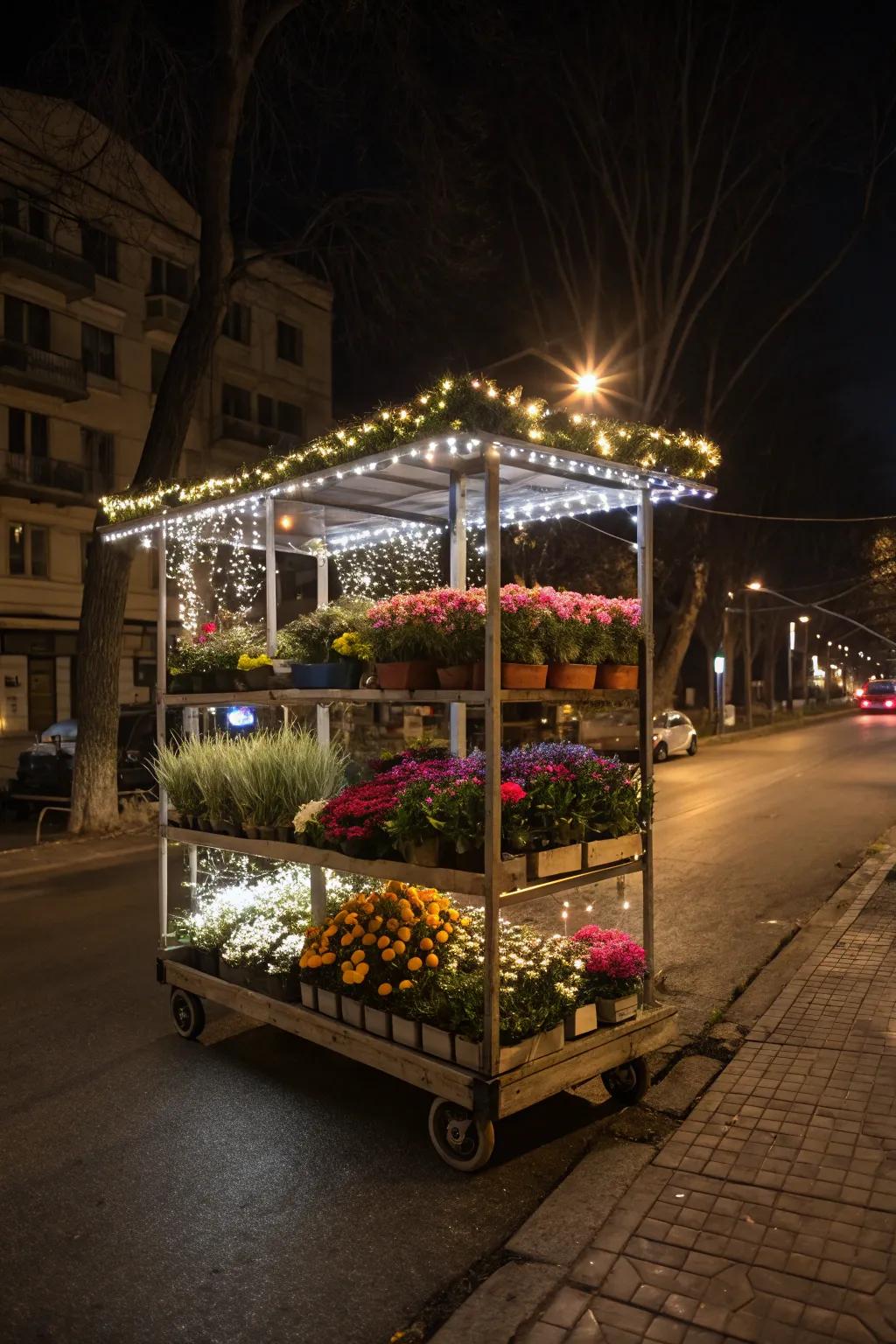 A flower cart beautifully illuminated with solar lights for a magical evening effect.