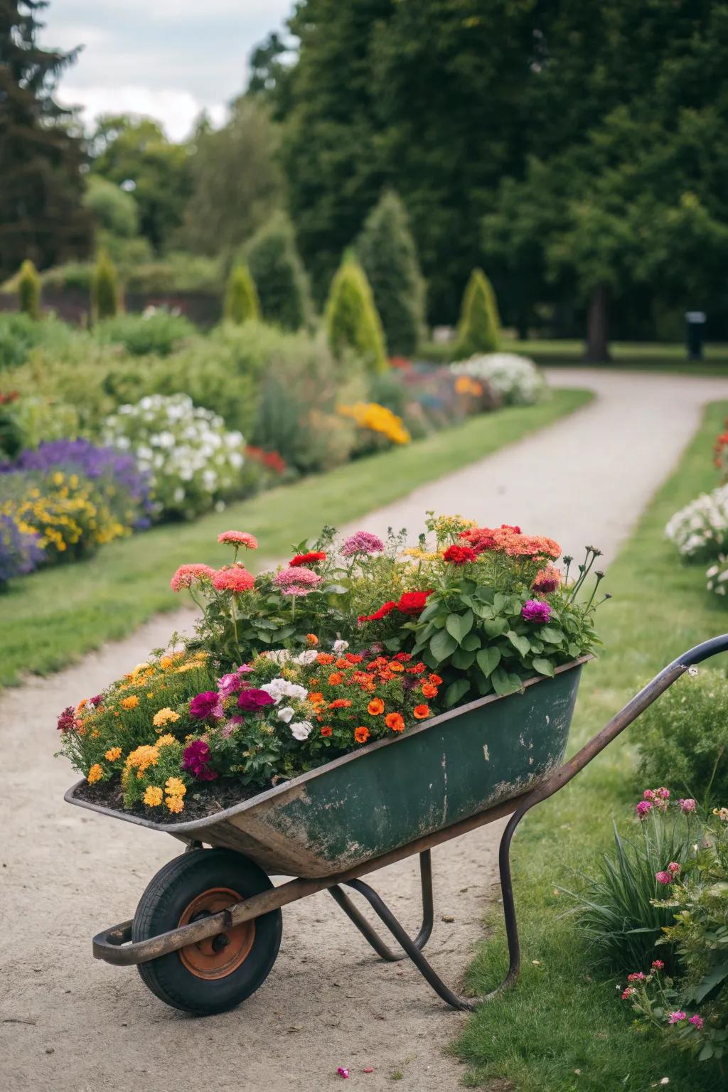 A repurposed wheelbarrow transformed into a delightful flower cart.