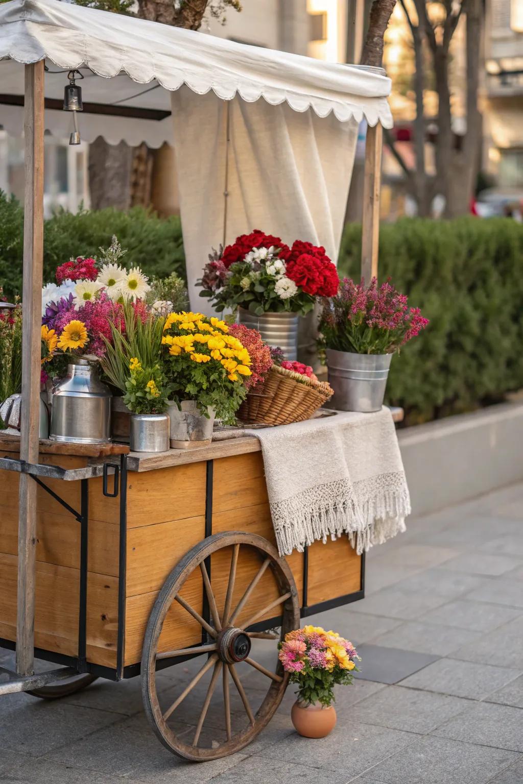 A flower cart featuring a blend of materials for a textured, eye-catching display.