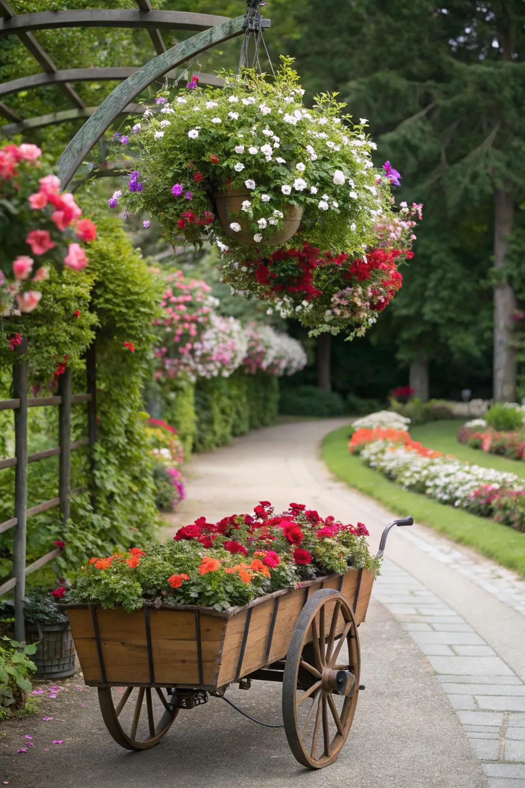 A flower cart enhanced with hanging baskets for a cascading floral effect.