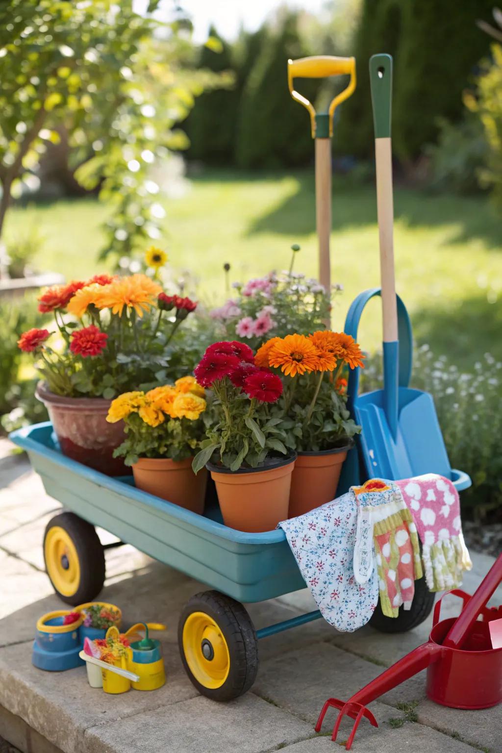 A flower cart designed for children, making gardening fun and accessible.